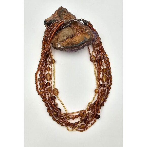 Multi-Strand Amber Glass Beaded 16" Necklace Lobster Claw Clasp Extender - Picture 9 of 9